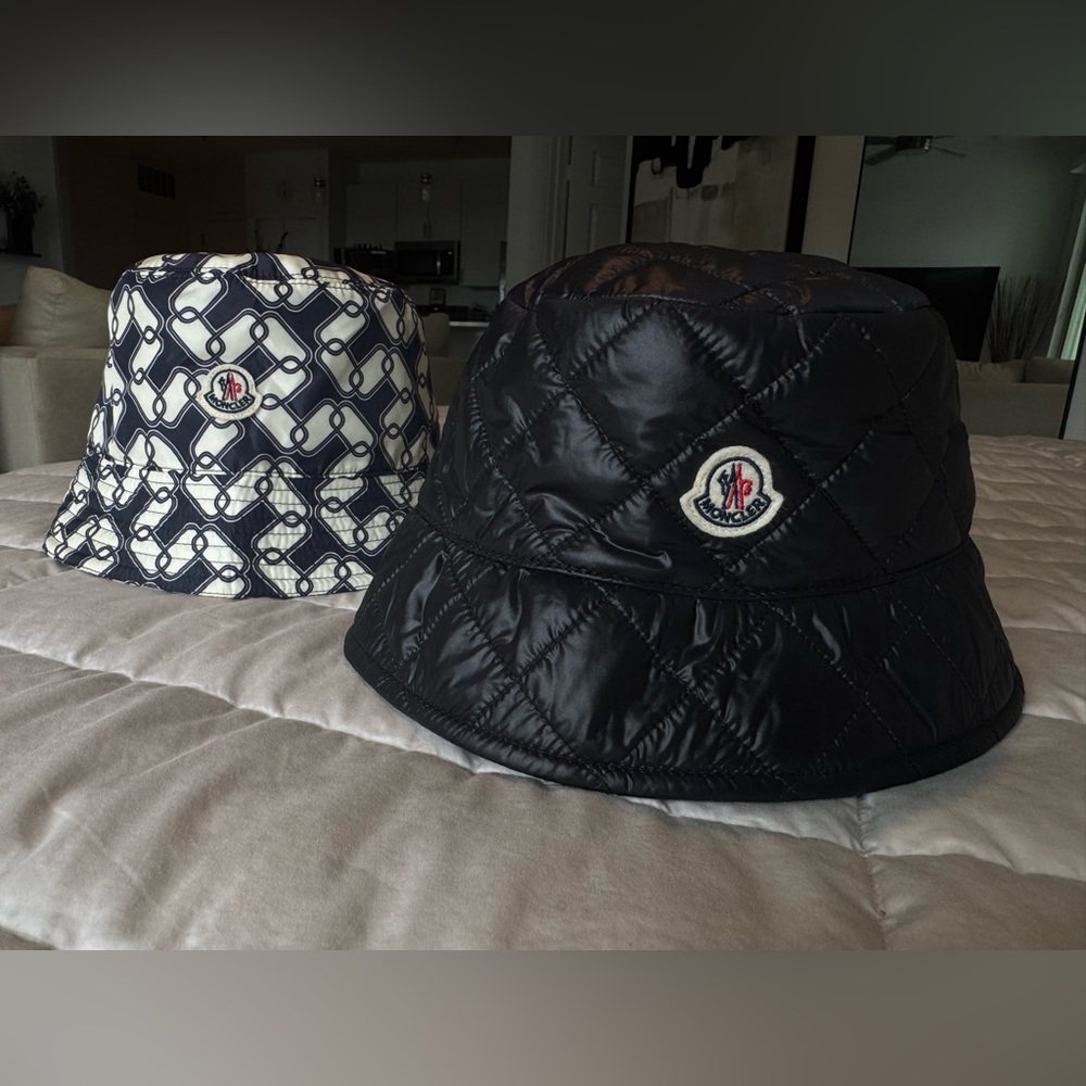 Moncler Quilted Black and Patterned White Bucket Hats